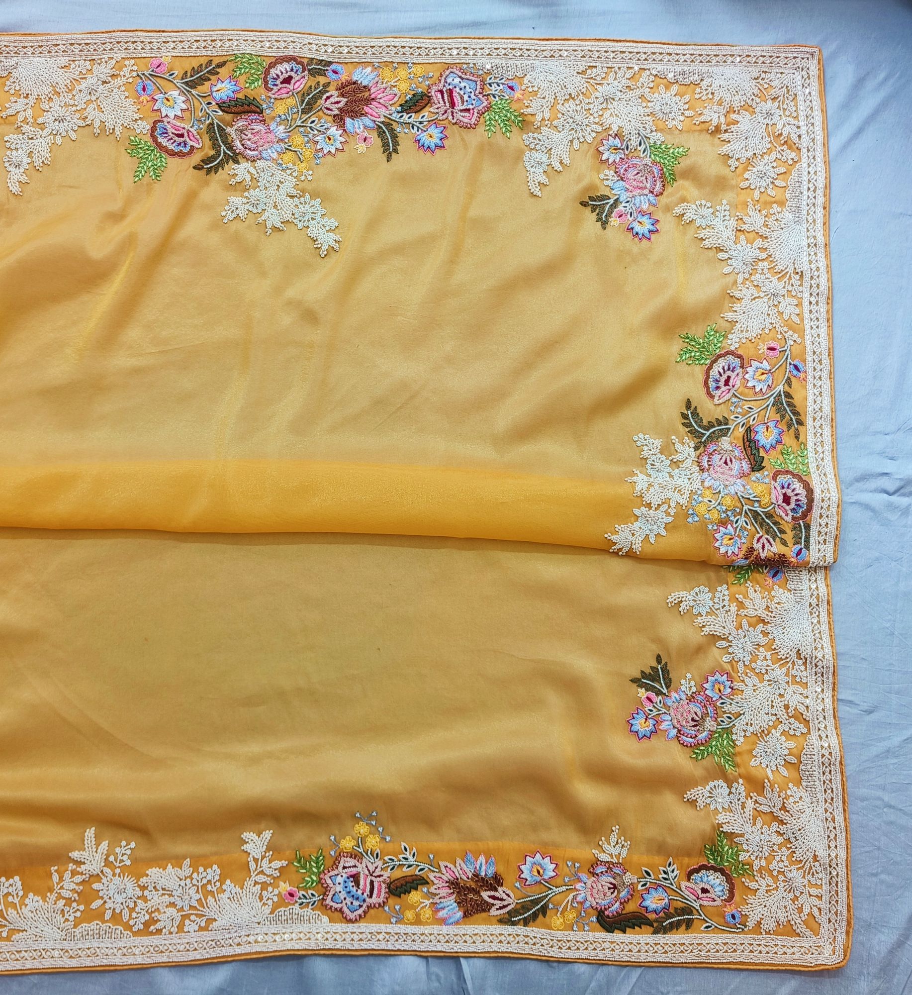 Yellow Tissue Moti and Thread work Saree