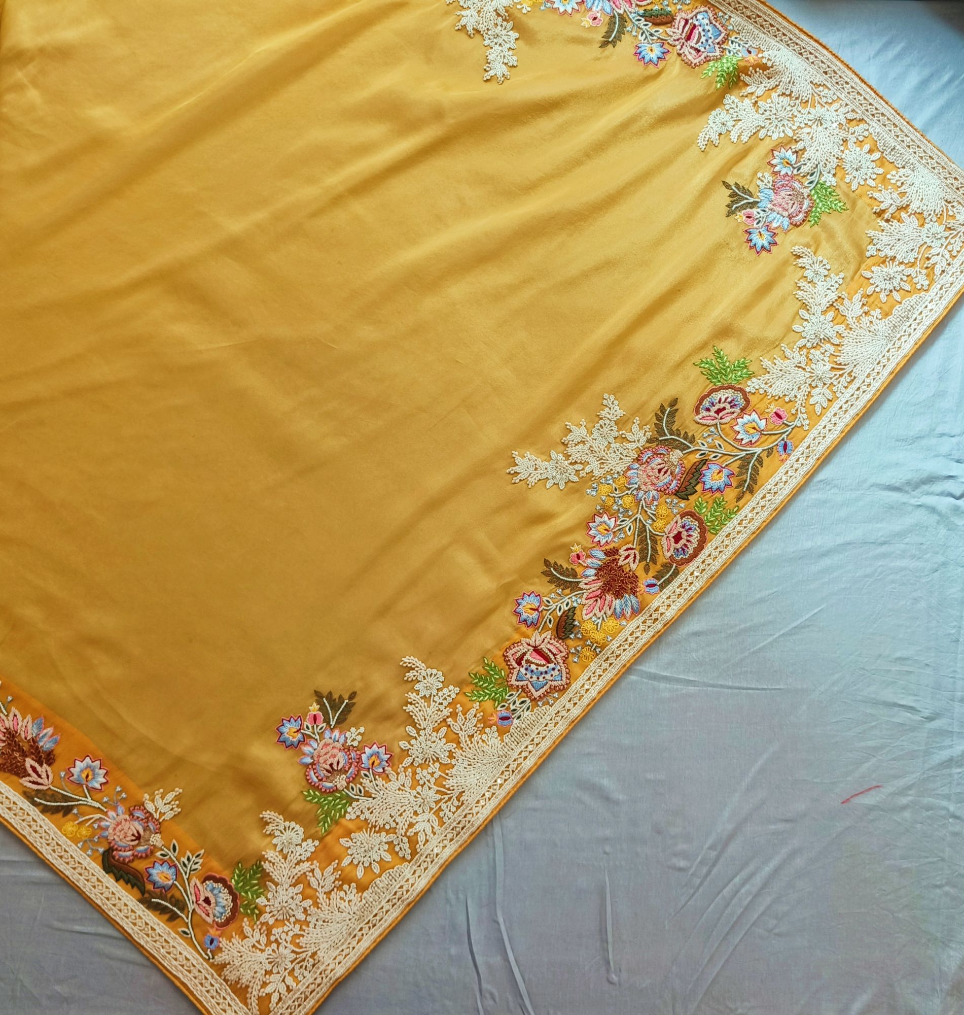 Yellow Tissue Moti and Thread work Saree