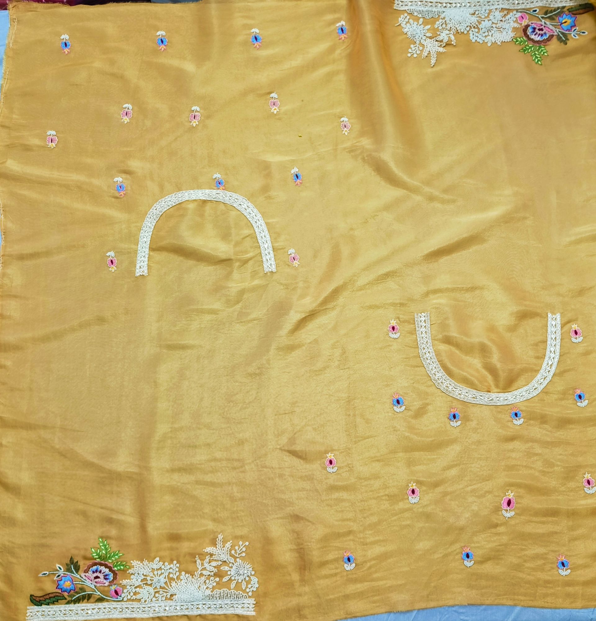 Yellow Tissue Moti and Thread work Saree
