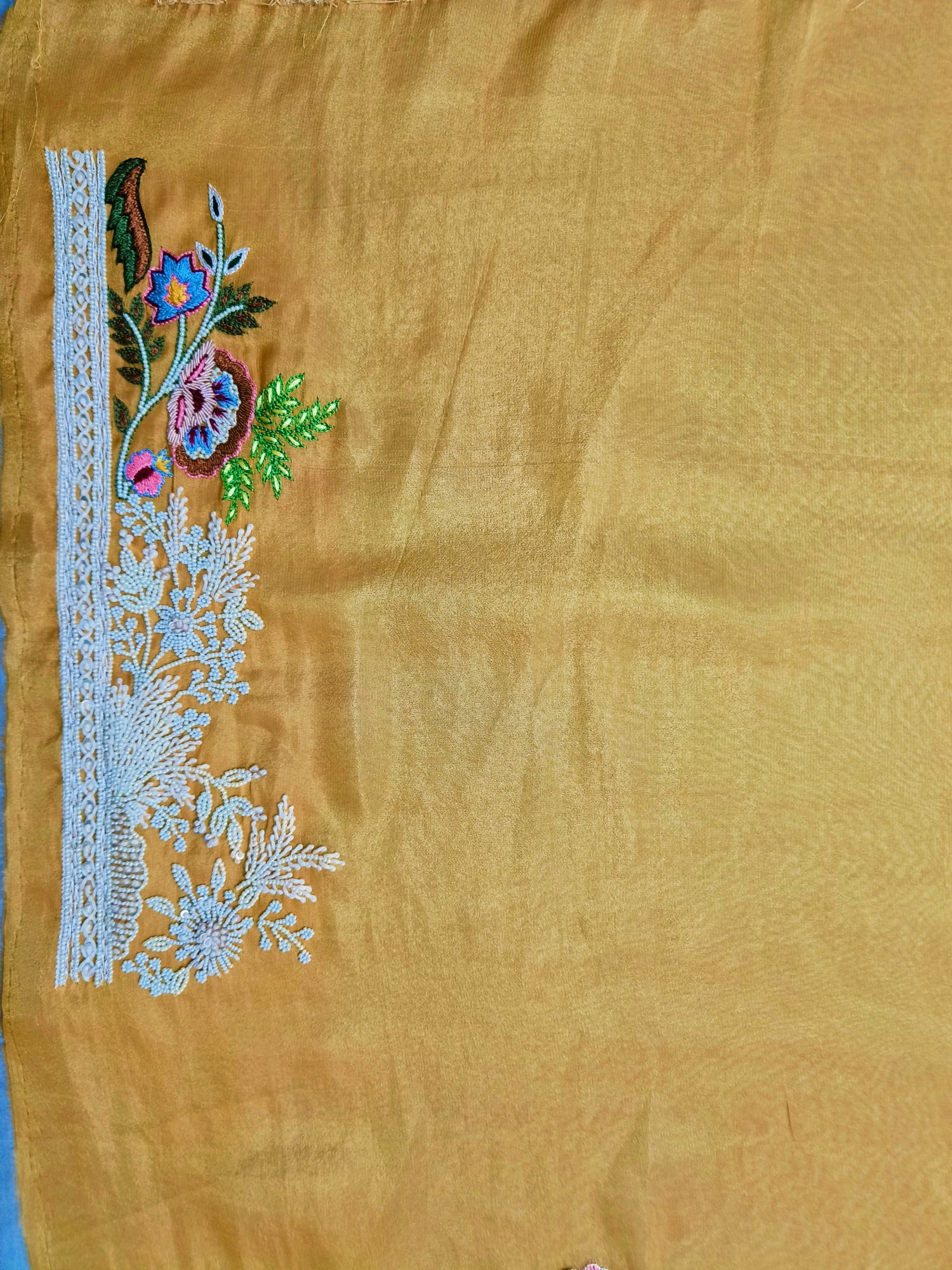 Yellow Tissue Moti and Thread work Saree