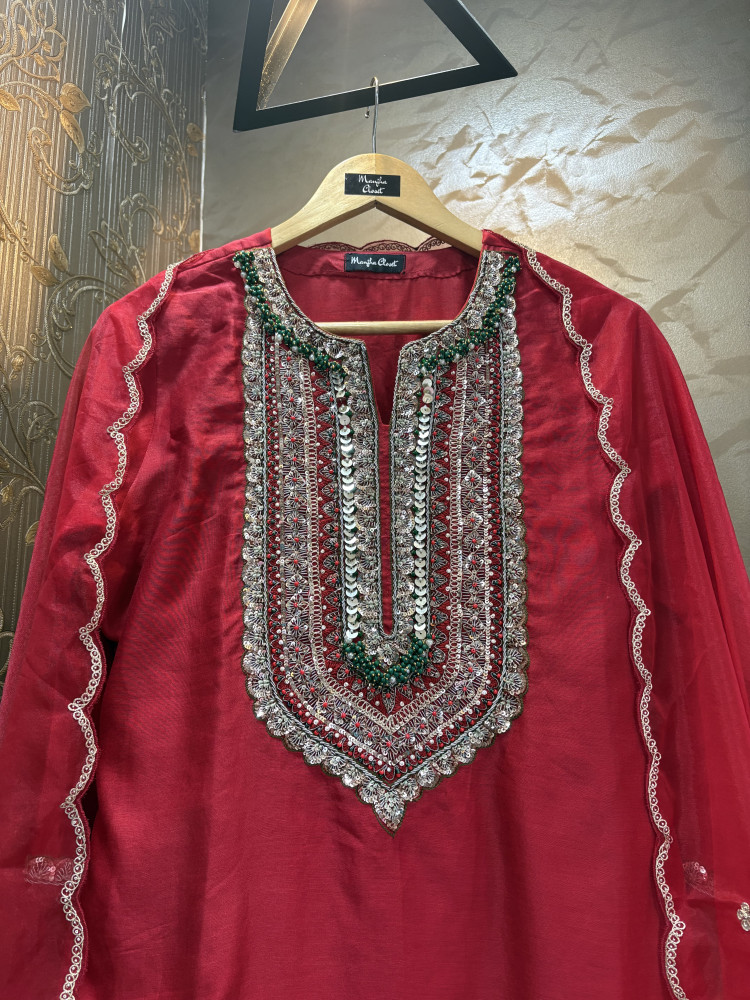 Image of Dark Red Chanderi Silk Beadwork Sharara Set