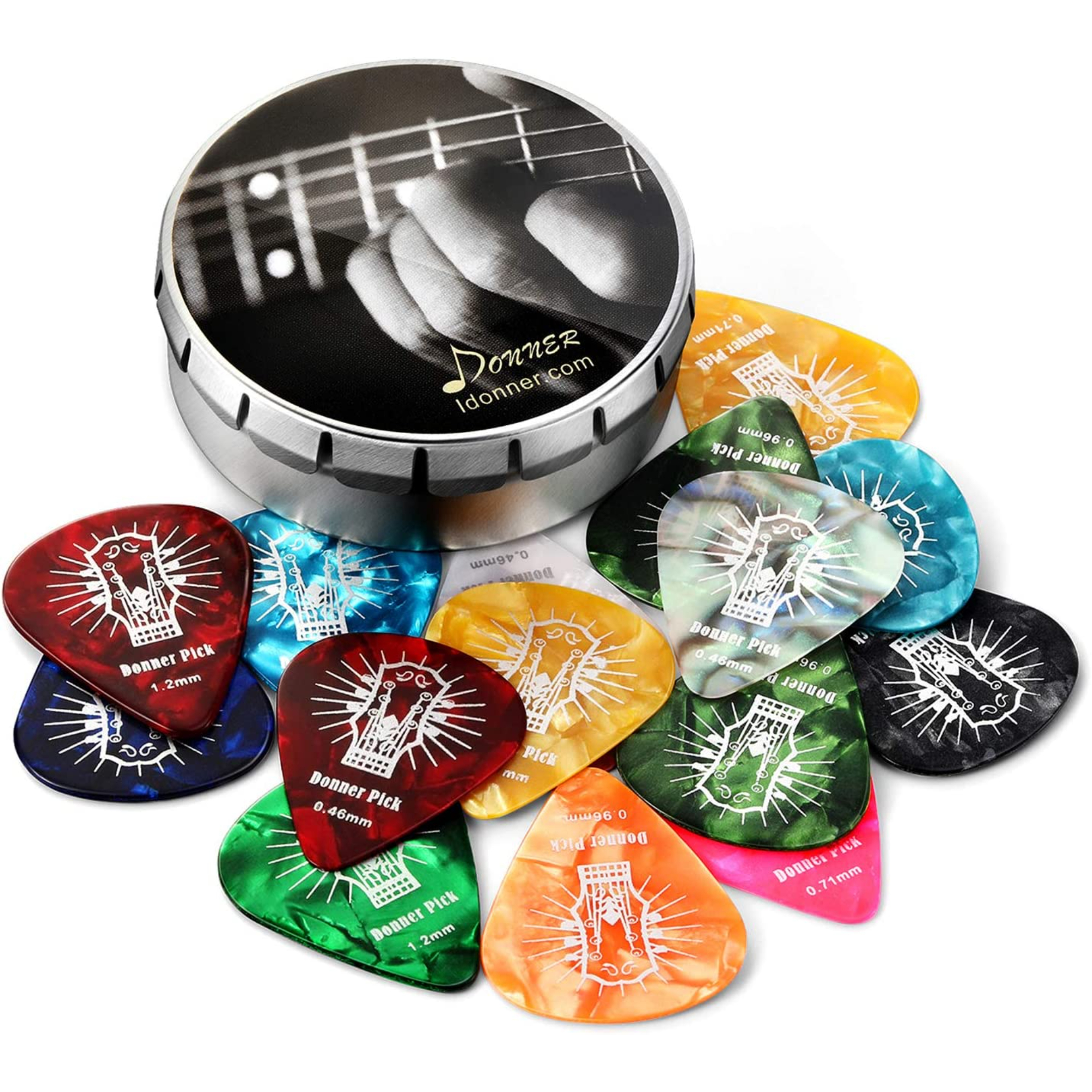 Donner Celluloid Guitar Picks 16 Pack with Tin Box includes Thin Medium Heavy  Extra Heavy Picks for Acoustic Guitar Electric Guitar Ukulele