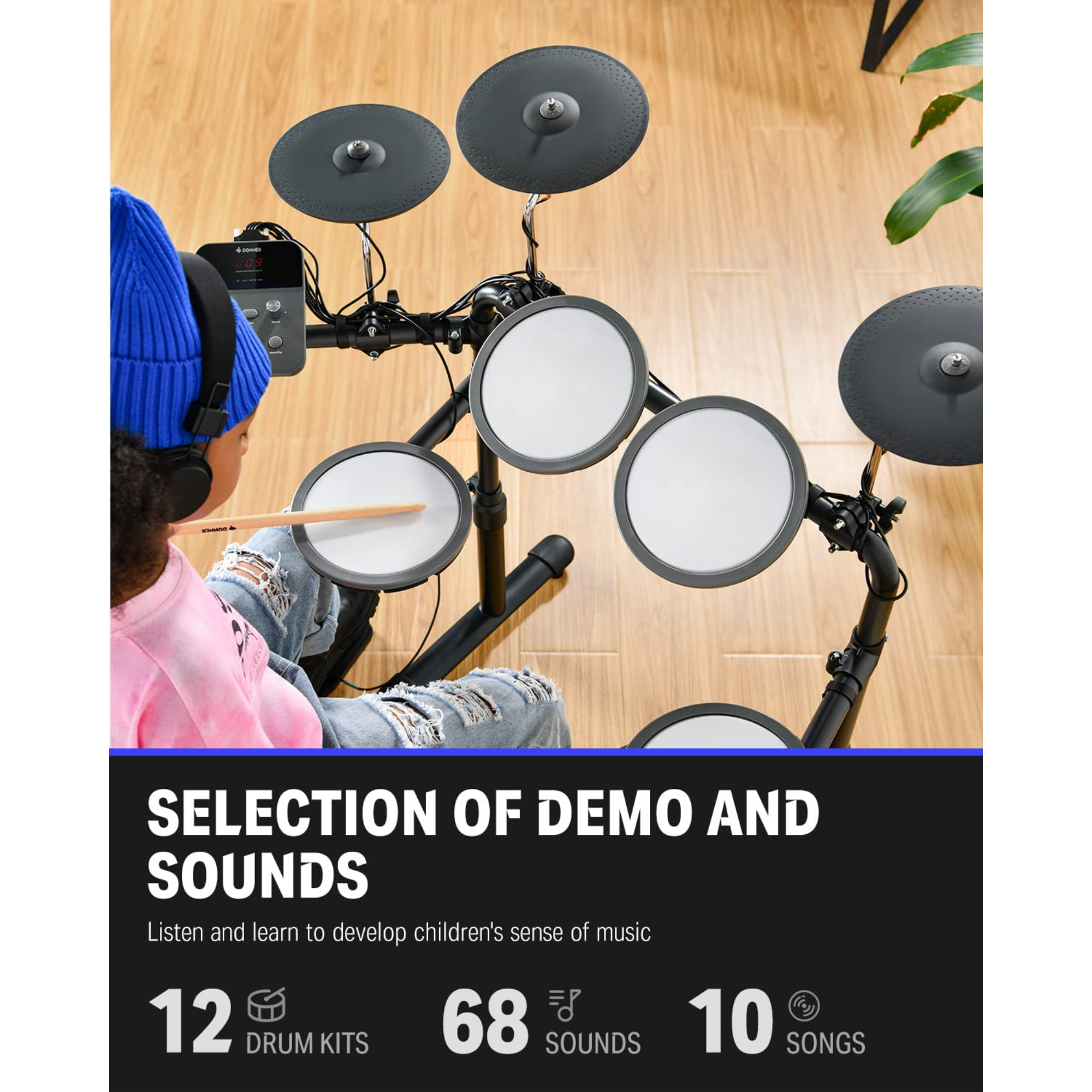 Donner DED-70 Electric Drum Set Quiet Electronic Drum Kit for Beginner with Mesh Pad Portable Drum Set Support Portable Charger Supply Drum Throne Sticks Headphone