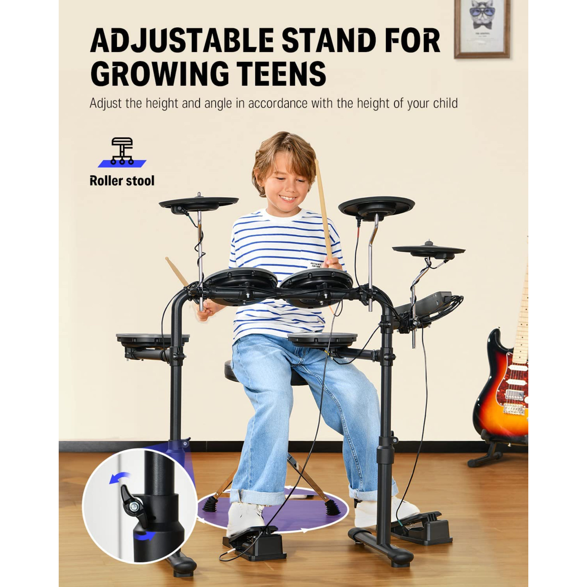 Donner DED-70 Electric Drum Set Quiet Electronic Drum Kit for Beginner with Mesh Pad Portable Drum Set Support Portable Charger Supply Drum Throne Sticks Headphone