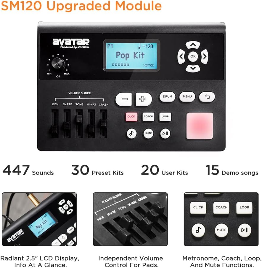 AVATAR SD61-5 Professional Electric Drum Set Mesh Electronic Drum Kit with 447 Sounds Dual-zone Snare Cymbal With Choke Kick Tower Support to Add Extra Tom Cymbal