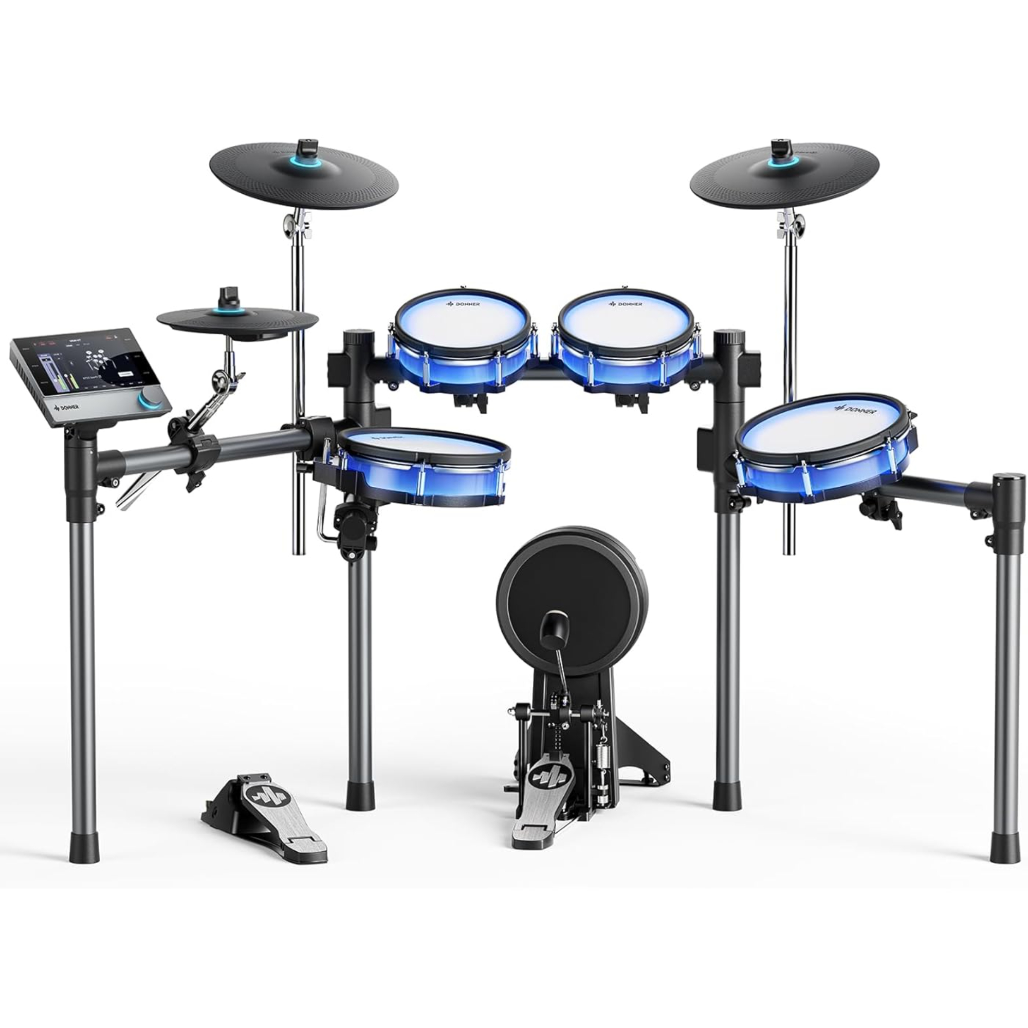 Donner BackBeat Electric Drum Set with High-Tech 7-inch Touchscreen 1126 Sounds Customize Drum Pad Colors Internal Rack Wiring and Gaming APP for Ultimate Fun