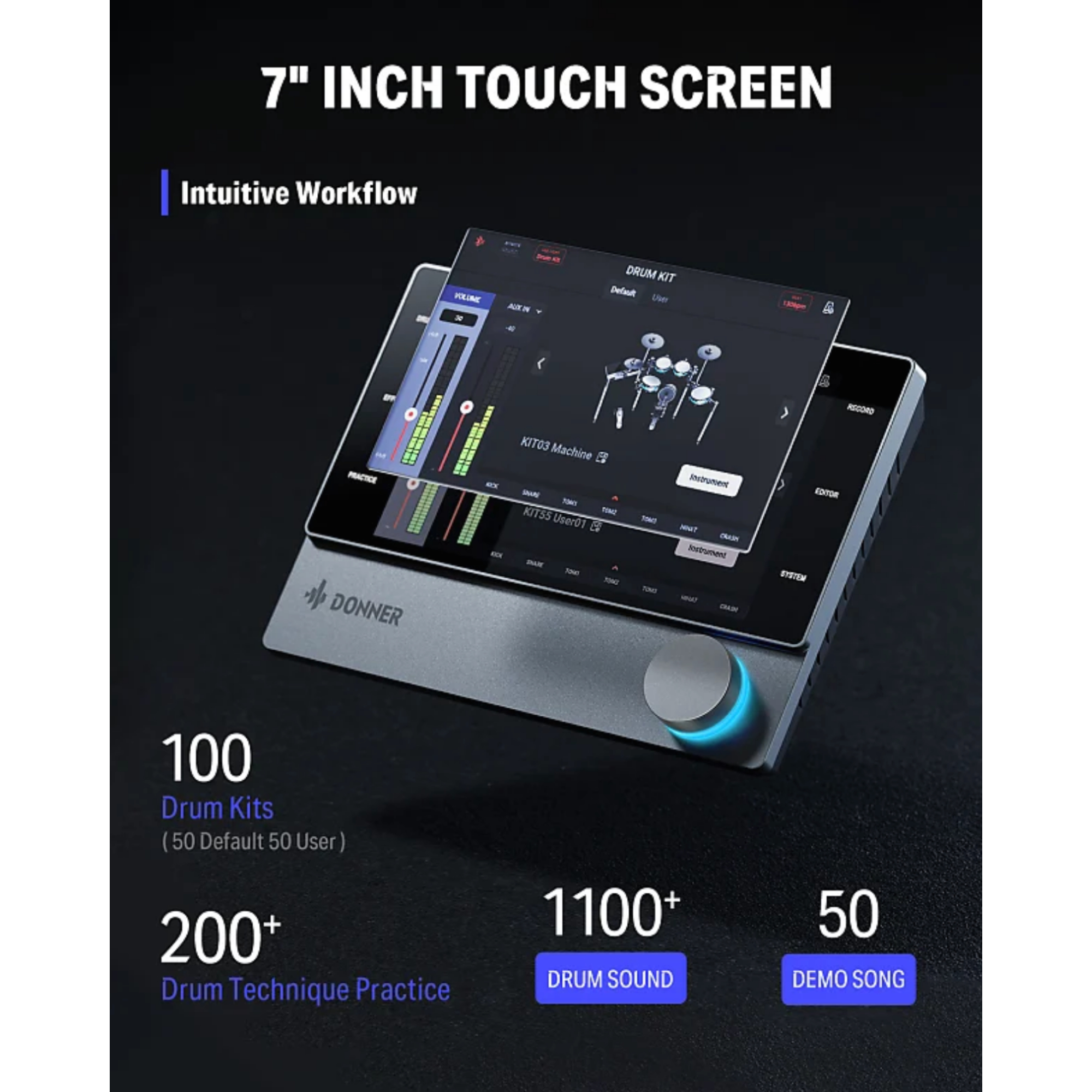 Donner BackBeat Electric Drum Set with High-Tech 7-inch Touchscreen 1126 Sounds Customize Drum Pad Colors Internal Rack Wiring and Gaming APP for Ultimate Fun