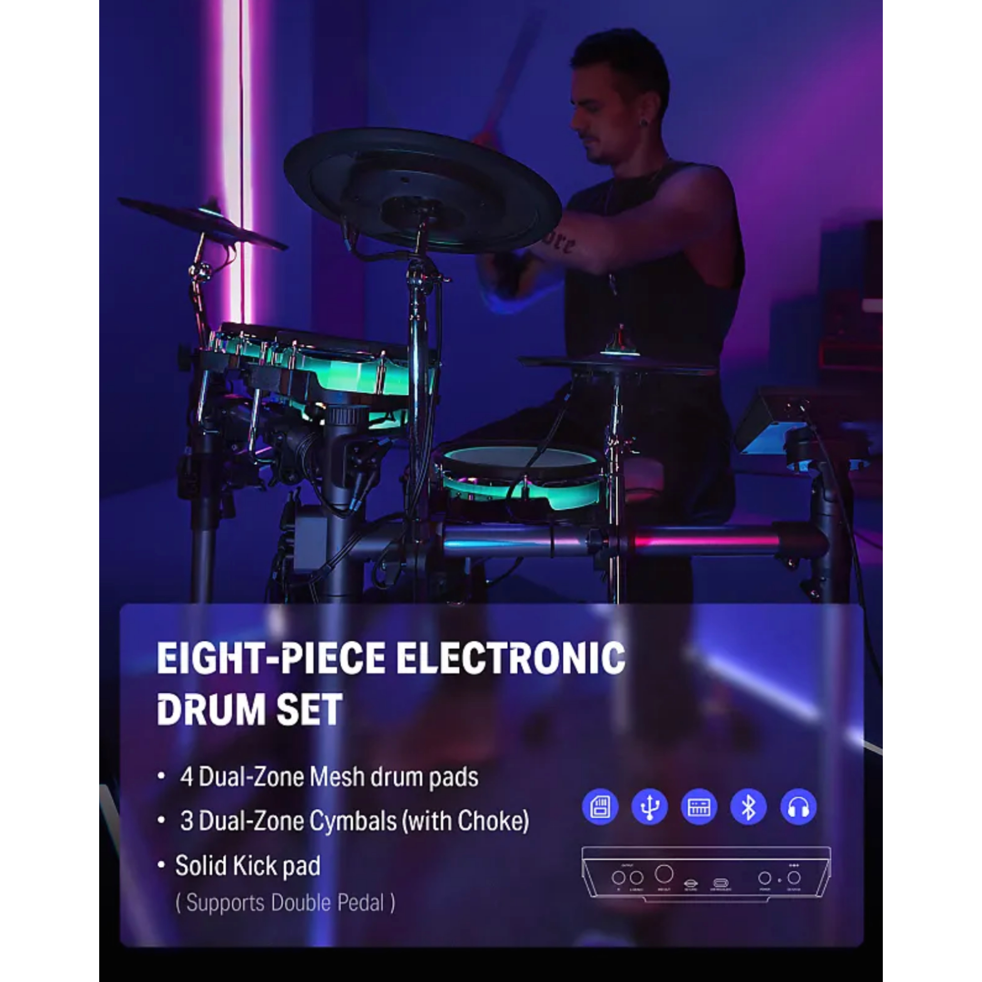 Donner BackBeat Electric Drum Set with High-Tech 7-inch Touchscreen 1126 Sounds Customize Drum Pad Colors Internal Rack Wiring and Gaming APP for Ultimate Fun