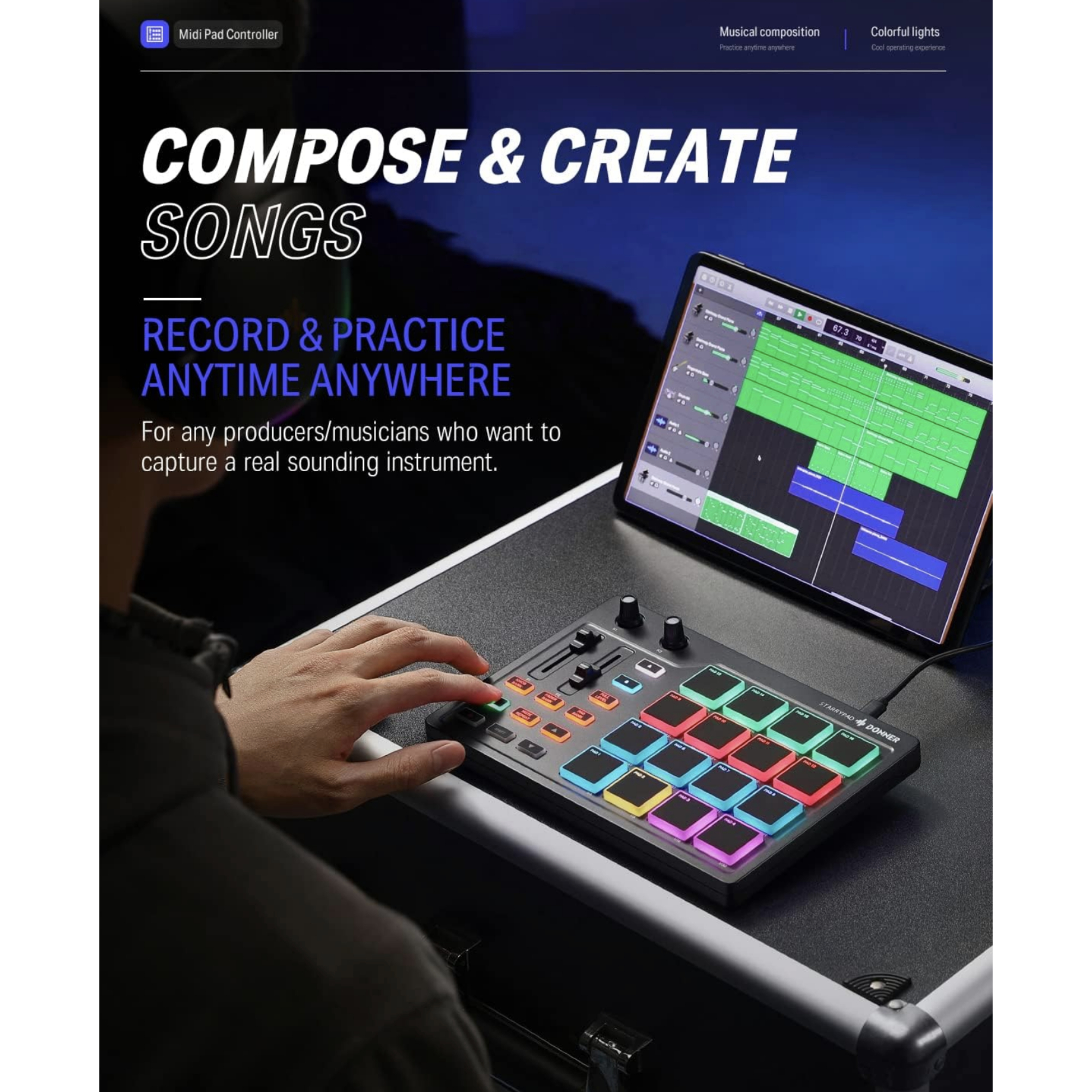 Donner MIDI Pad Beat Maker Machine Professional Drum Machine with 16 Beat Pads 2 Assignable Fader Knobs and Music Production Software USB MIDI Controller with 40 Free Courses STARRYPAD