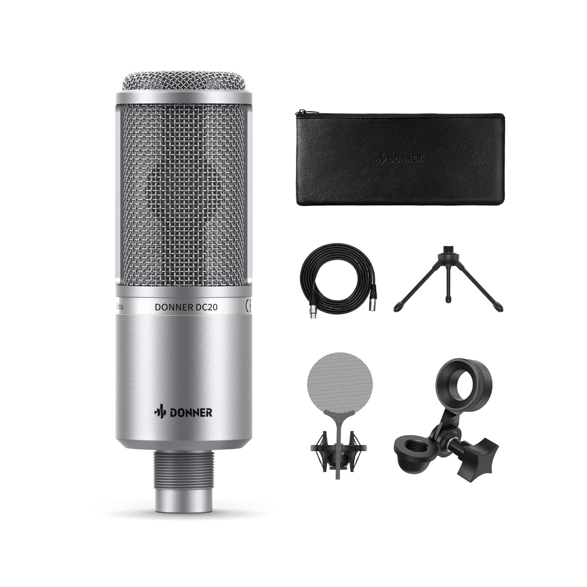 Donner DC-20 Condenser Microphone Cardioid Podcast Mic Kit with Tripod Shock Mount Windscreen XLR Cable and Storage Bag Professional 16mm Large-Diaphragm Recording Microphone for Home Studio
