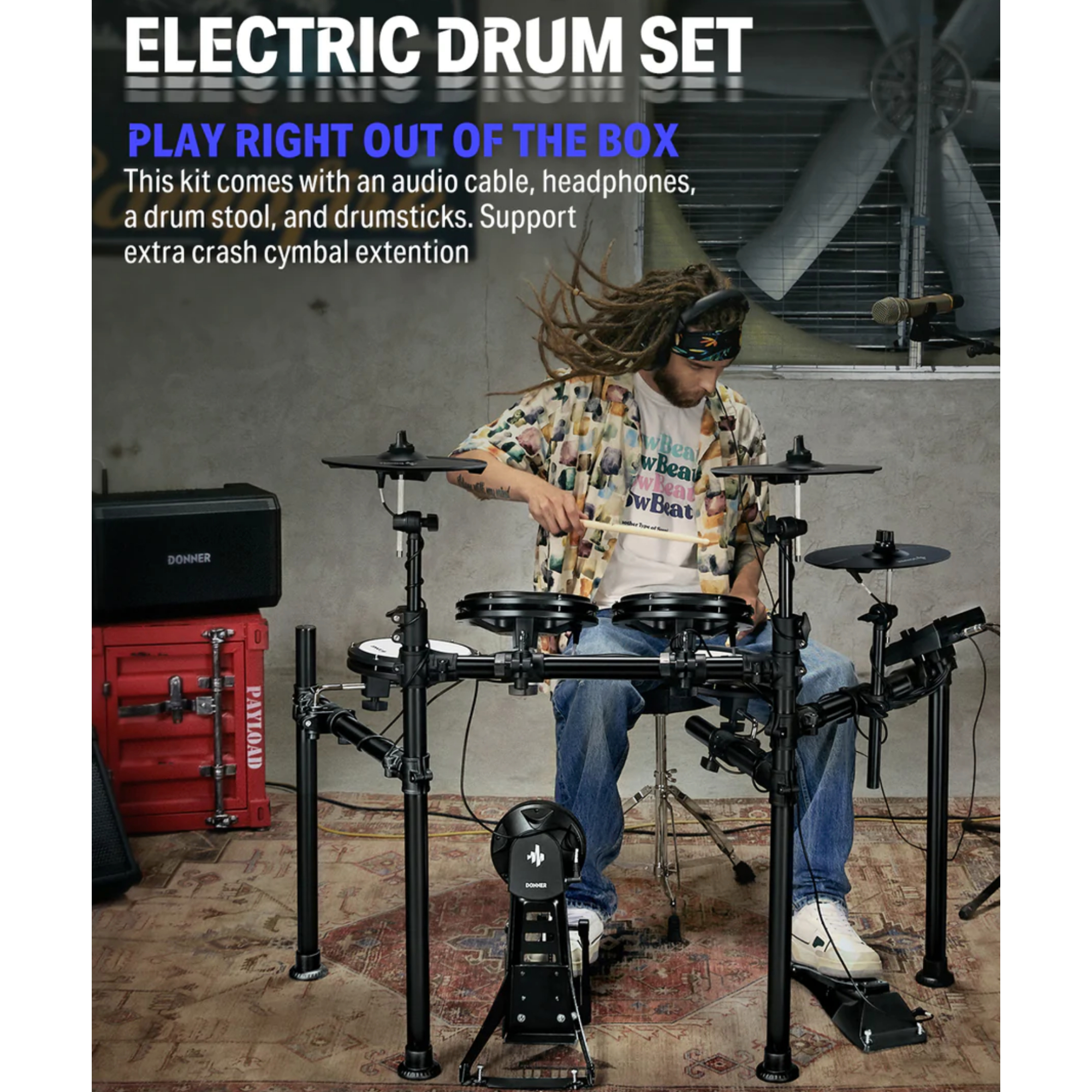 Donner DED-200 Electronic Drum Set 5-Drum 3-Cymbal 450-Sound with Drum ThroneHeadphone