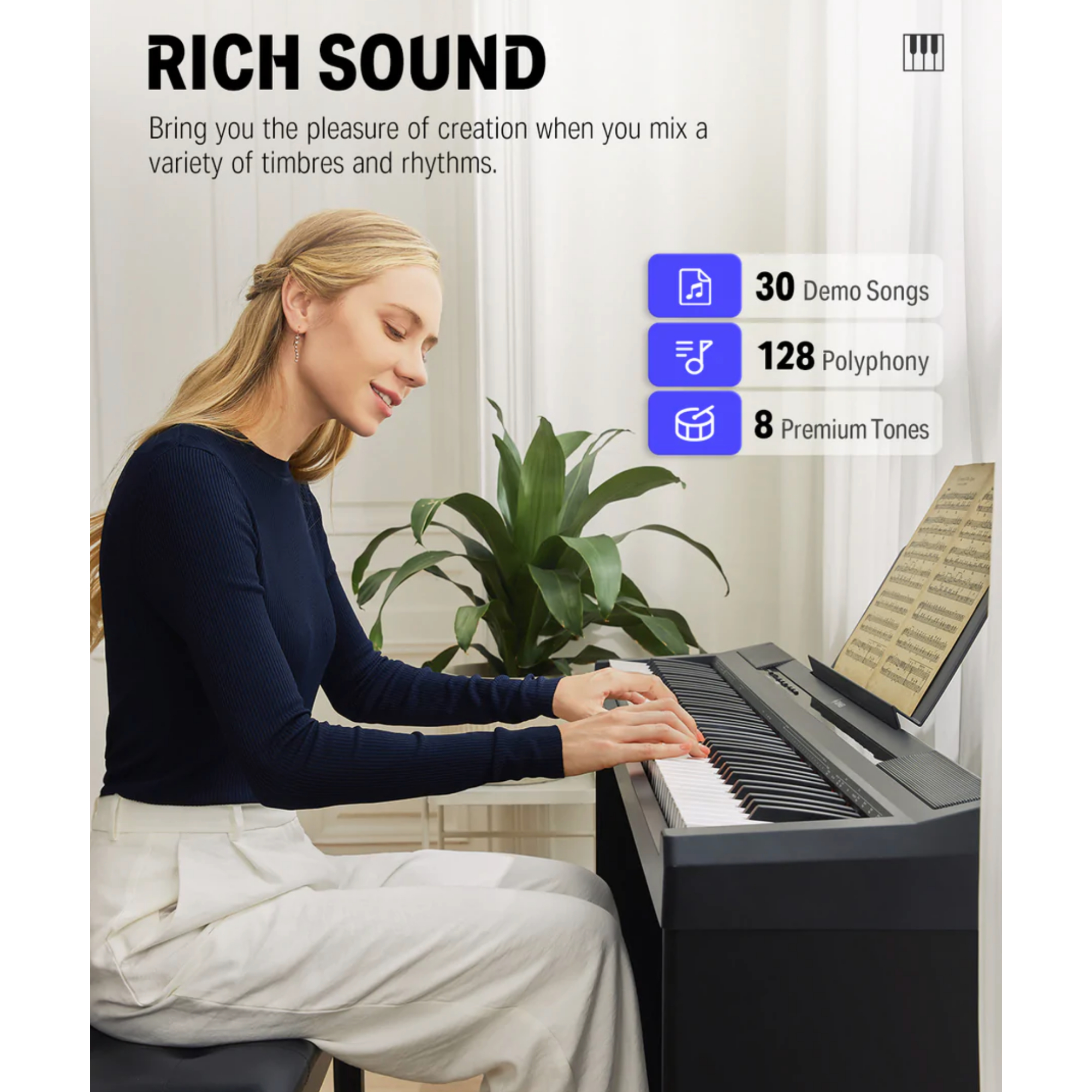 DEP-10 Beginner Digital Piano 88 Key Full-Size Semi-Weighted Keyboard Portable Electric Piano with Sustain Pedal Power Supply