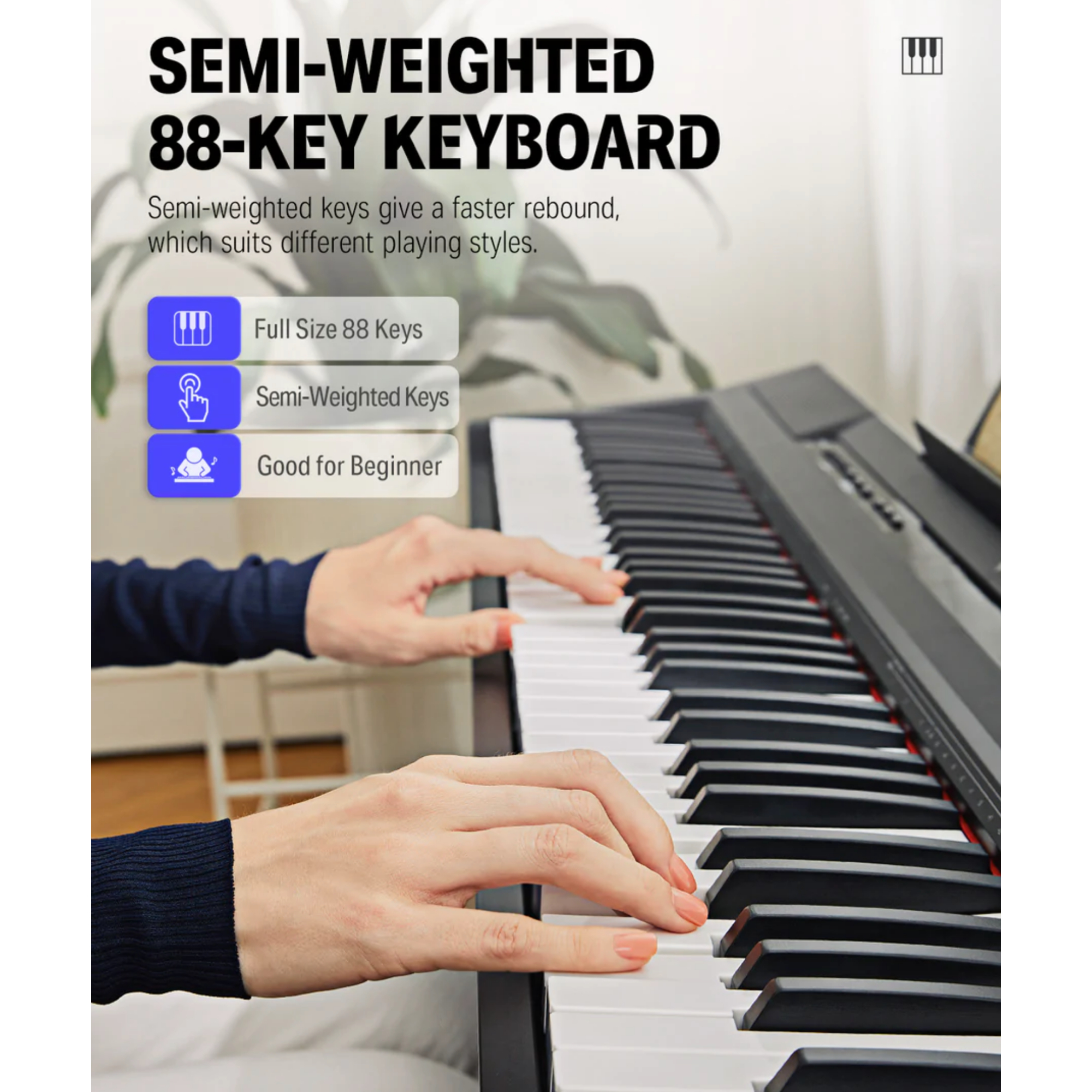 DEP-10 Beginner Digital Piano 88 Key Full-Size Semi-Weighted Keyboard Portable Electric Piano with Sustain Pedal Power Supply