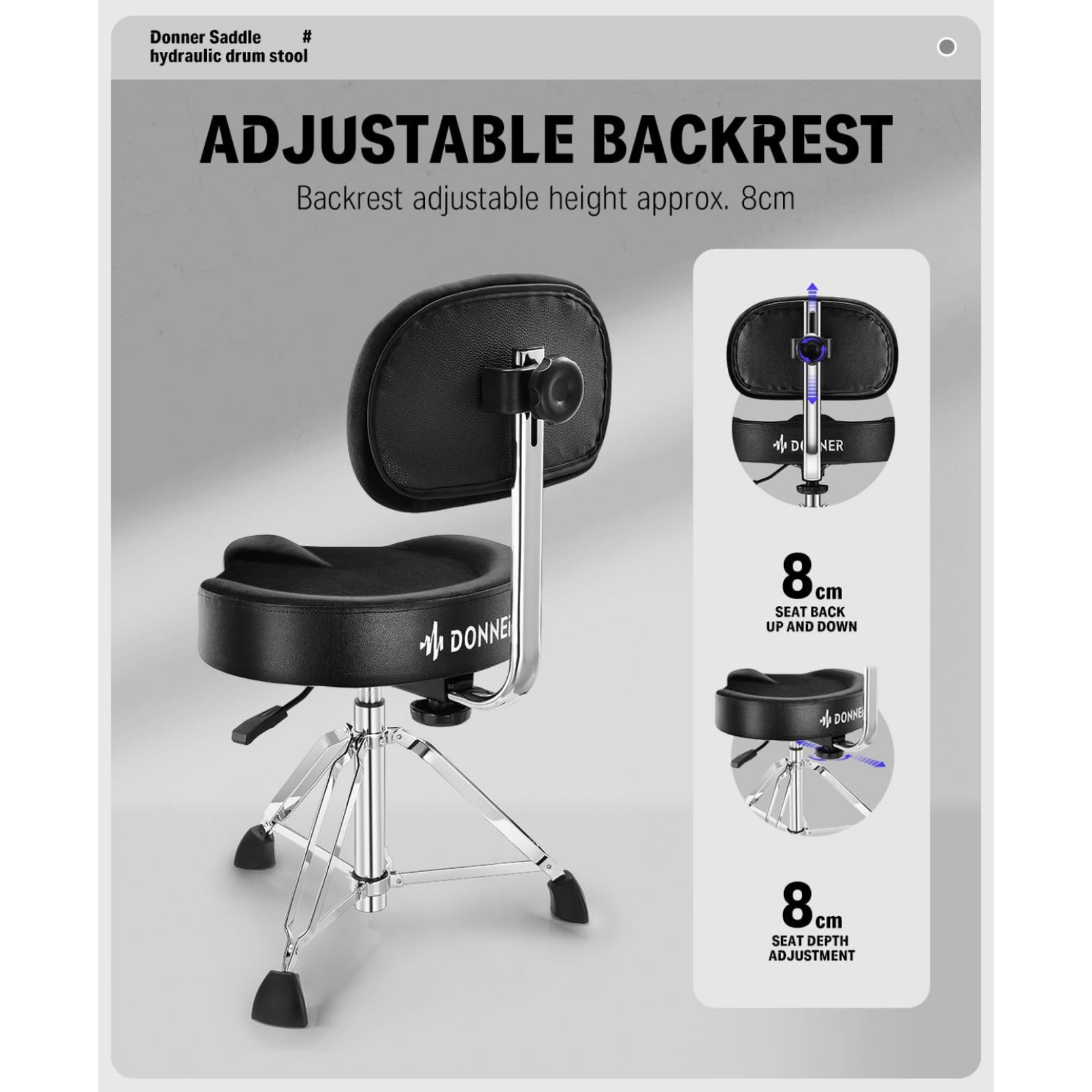 Donner DHT250 Drum Throne with Backrest Heavy Duty Hydraulic Drum Stool Height Adjustable Motorcycle Style Drum Seat Saddle Drum Throne for Adults Drummers BROWN