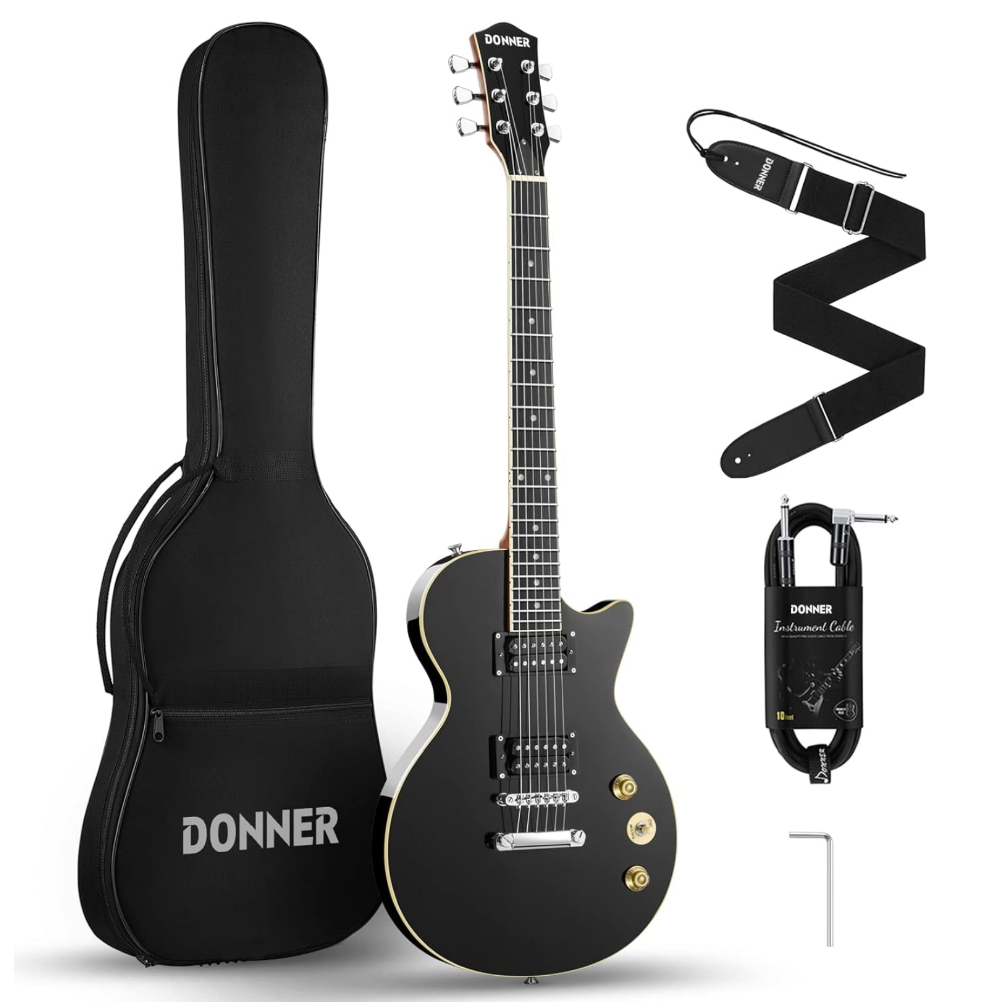 Donner Electric Guitar LP Solid Body Full-Size 39 Inch Electric Guitar Beginner Kit Black with Bag Cable Strap DLP-124B