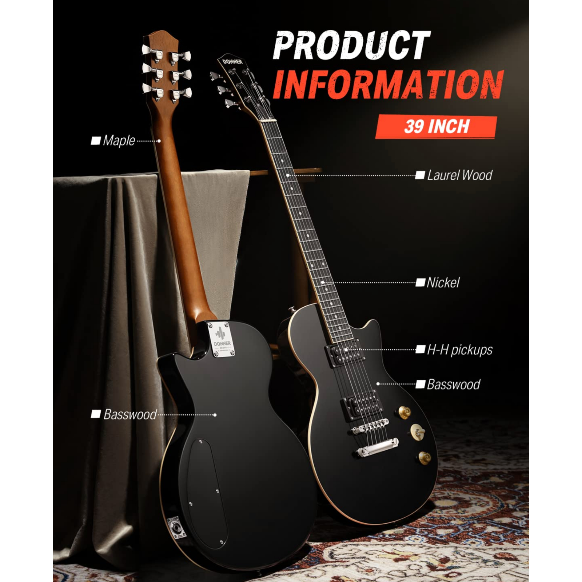 Donner Electric Guitar LP Solid Body Full-Size 39 Inch Electric Guitar Beginner Kit Black with Bag Cable Strap DLP-124B