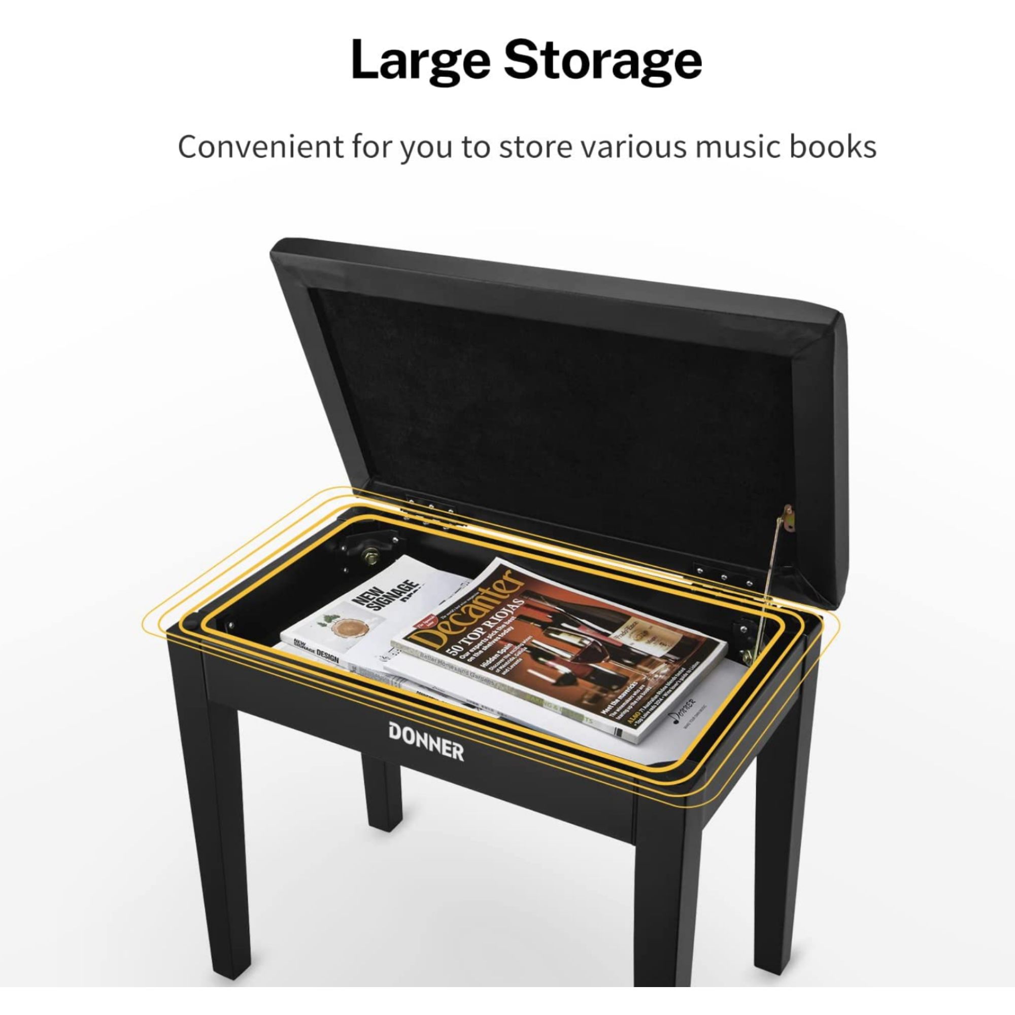 Donner Piano Bench with Storage Solid Wood Keyboard Bench Piano Bookcase Stool Chair Seat with High-Density Sponges Pad Black