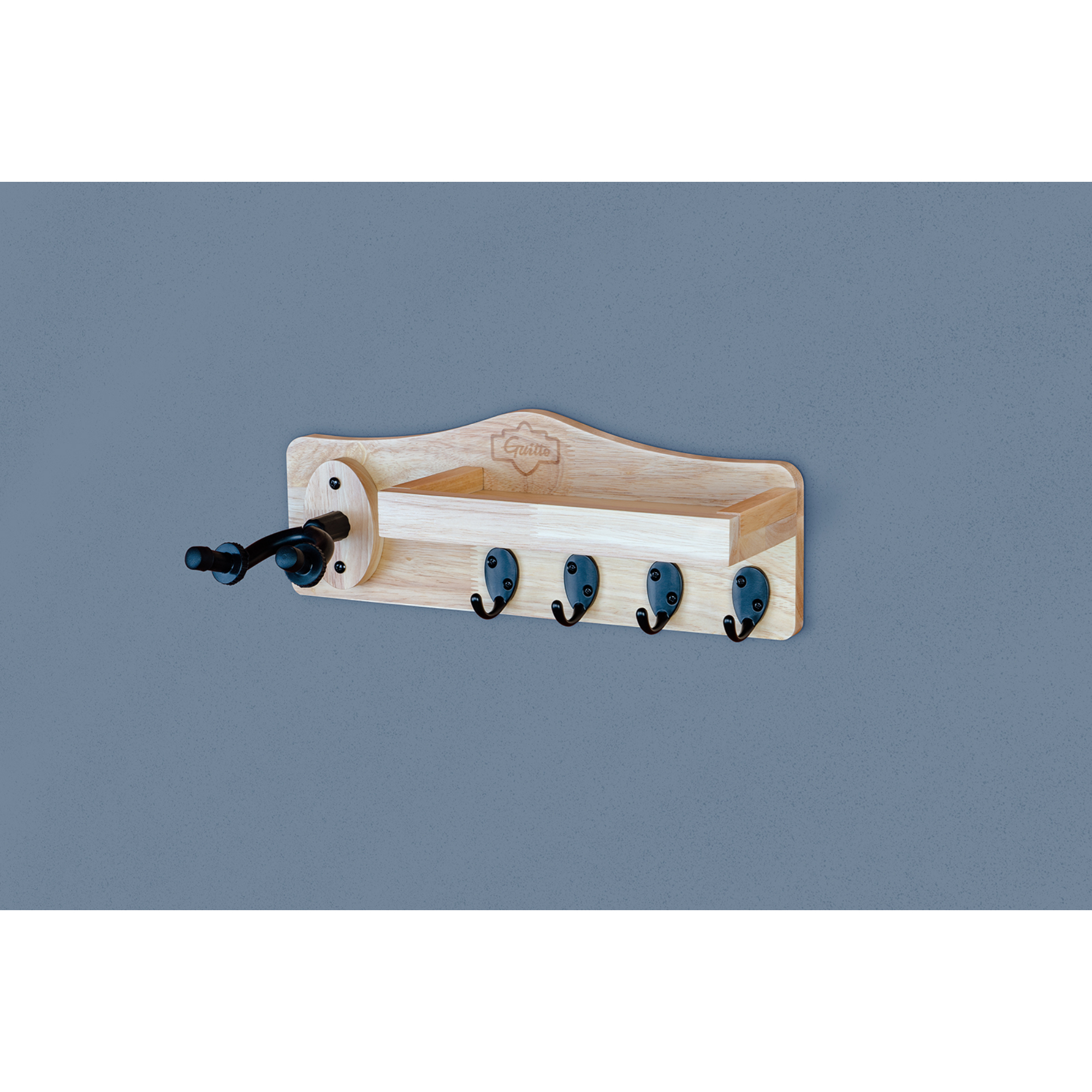 Guitto GGS-09 Guitar wood wall hanger shelf and 4 Hook Guitar Wall Holder for Acoustic Electric Bass Guitar Ukulele Mandolin Banjo