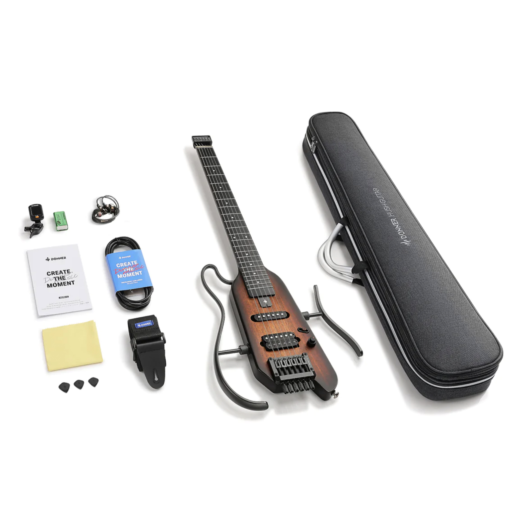 Donner HUSH-X Electric Guitar Kit - Featherlight Headless Guitar Great for Travel and Practice Mahogany Solid Body with Easy Assemble Stands Gig Bag All Accessories