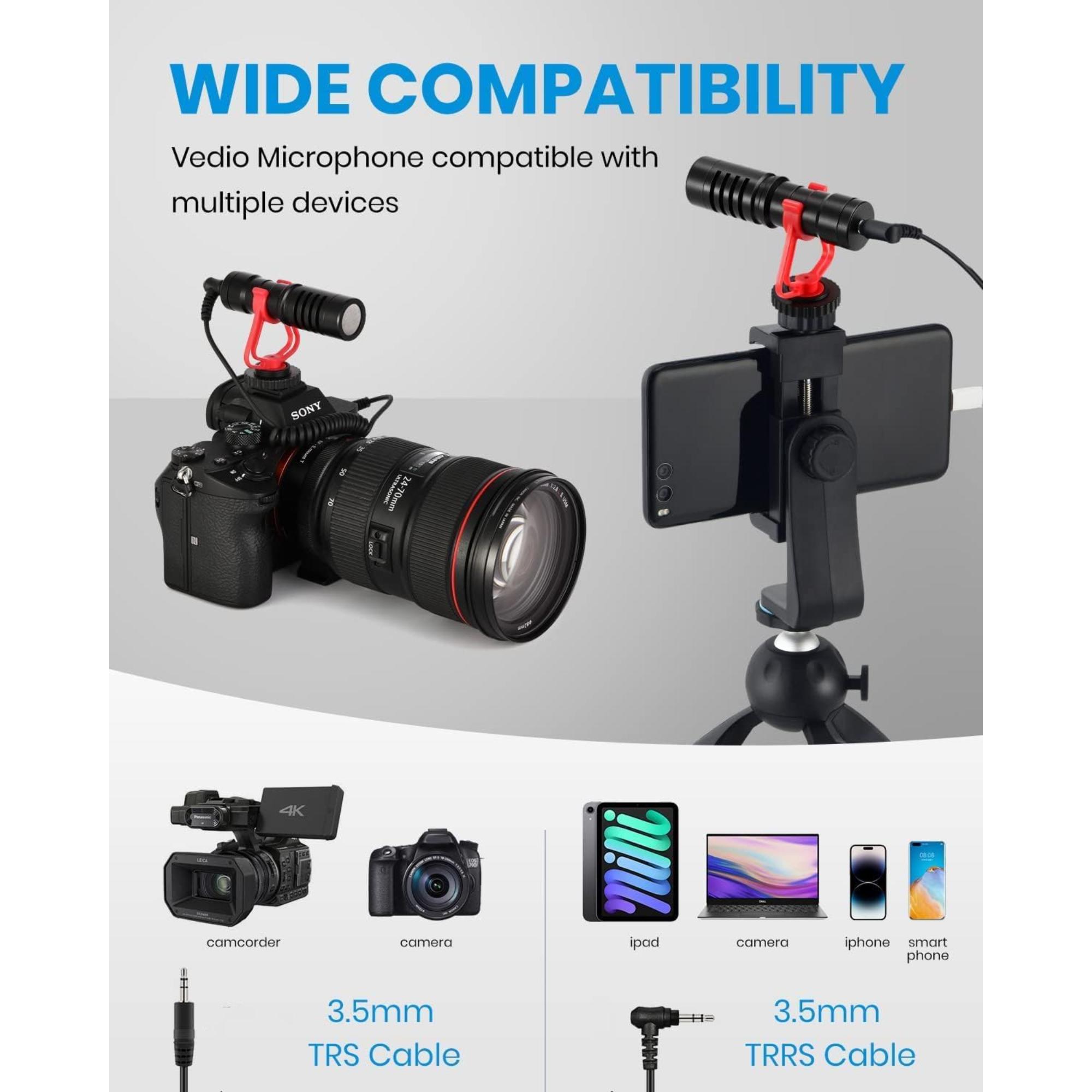 Moukey MCM-1 Video Microphone Camera Microphone with Shock Mount Windshield Professional Vlogging Kit for iPhone Android Smartphone DSLR Camera Camcorder Battery-Free Shotgun Mic