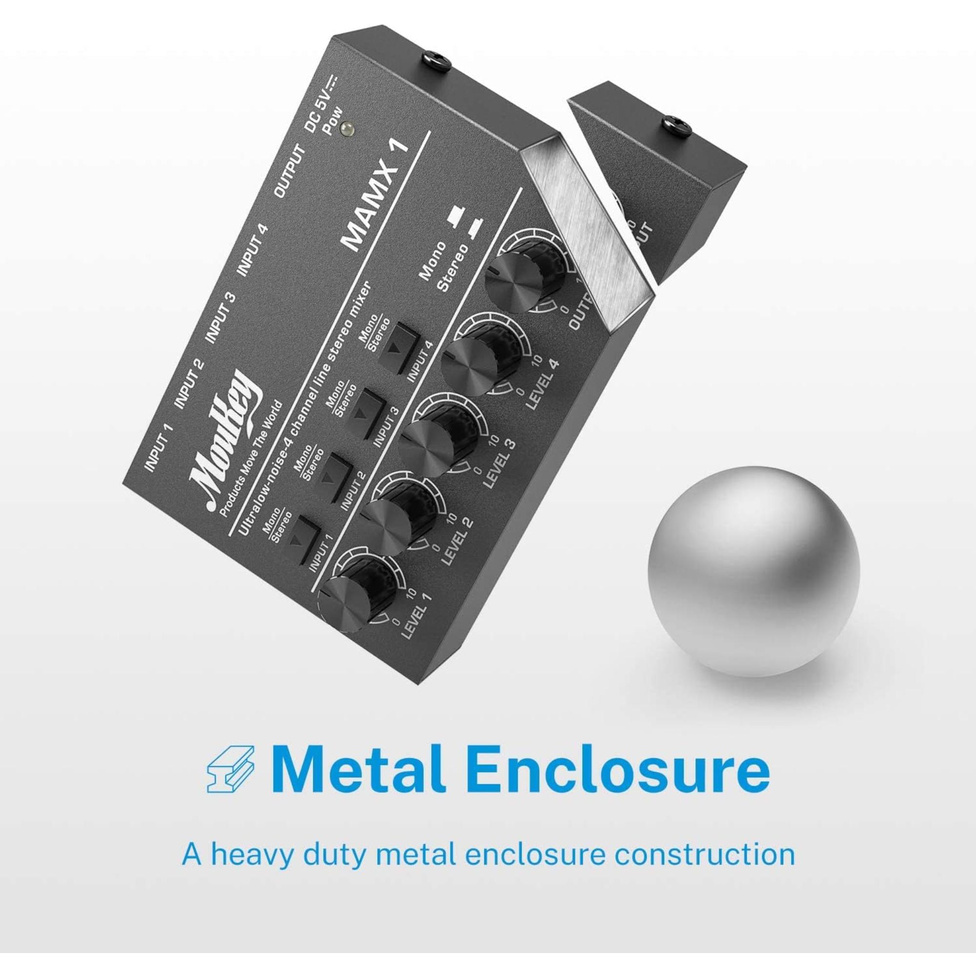 Moukey Mini Audio Mixer Line Mixer DC 5V 4-Stereo Ultra Low-Noise 4-Channel for Sub-Mixing for Small Clubs or Bars As Guitars Bass Keyboards Mixer 2021 New Version-MAMX1