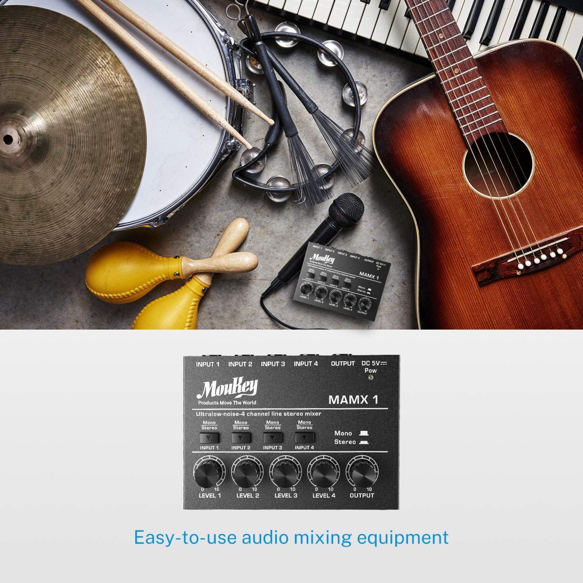 Moukey Mini Audio Mixer Line Mixer DC 5V 4-Stereo Ultra Low-Noise 4-Channel for Sub-Mixing for Small Clubs or Bars As Guitars Bass Keyboards Mixer 2021 New Version-MAMX1