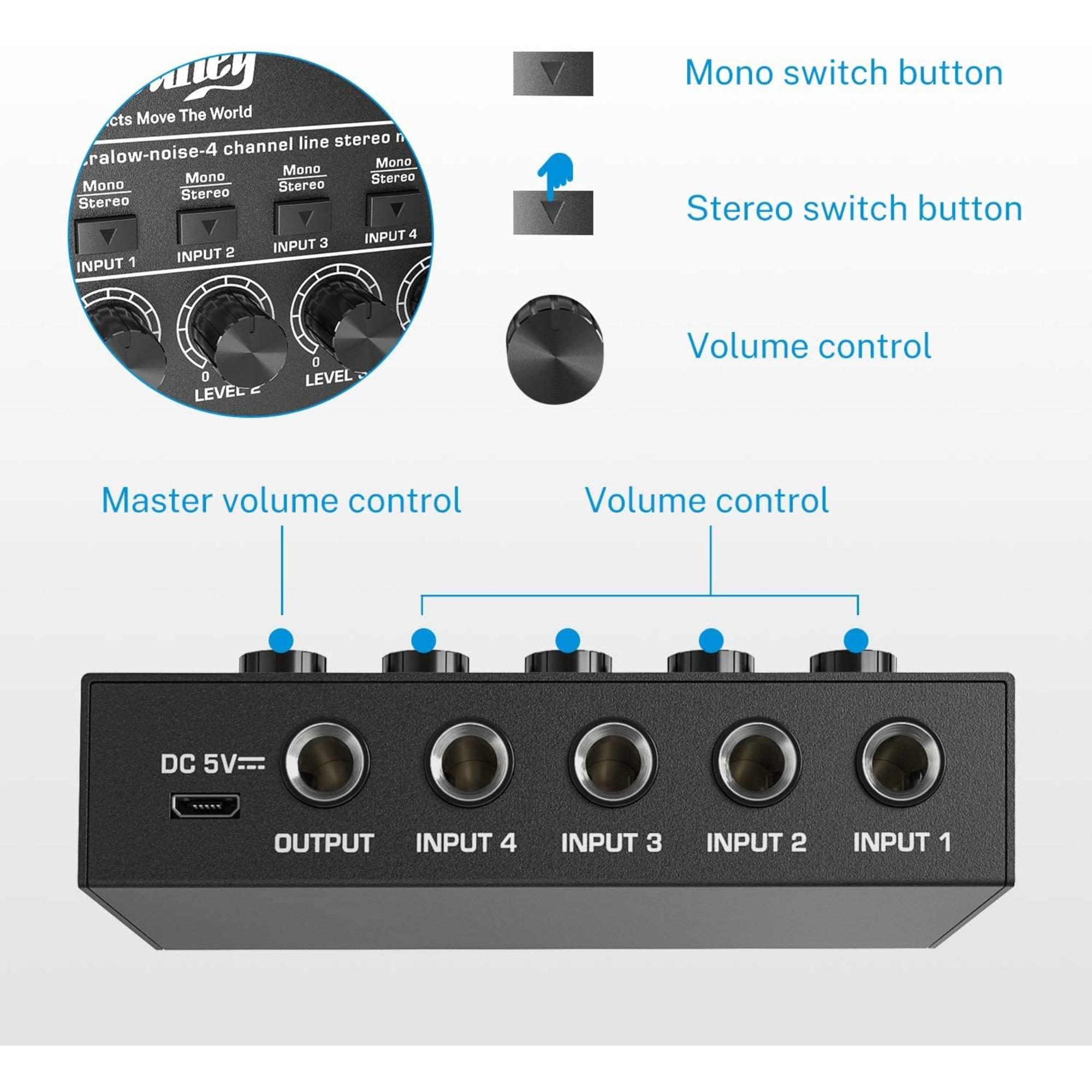 Moukey Mini Audio Mixer Line Mixer DC 5V 4-Stereo Ultra Low-Noise 4-Channel for Sub-Mixing for Small Clubs or Bars As Guitars Bass Keyboards Mixer 2021 New Version-MAMX1