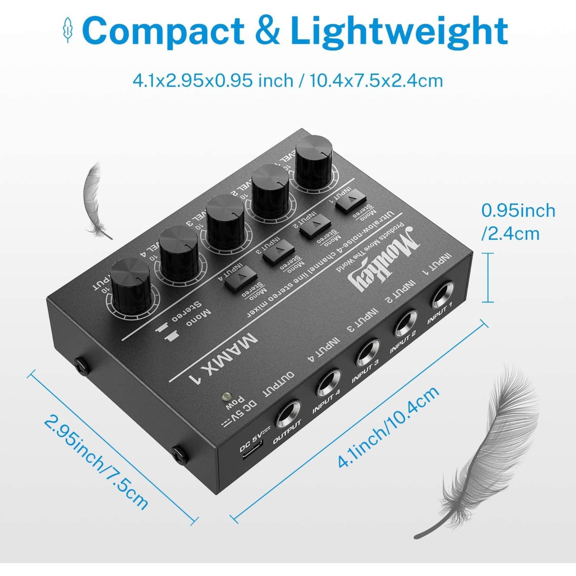 Moukey Mini Audio Mixer Line Mixer DC 5V 4-Stereo Ultra Low-Noise 4-Channel for Sub-Mixing for Small Clubs or Bars As Guitars Bass Keyboards Mixer 2021 New Version-MAMX1