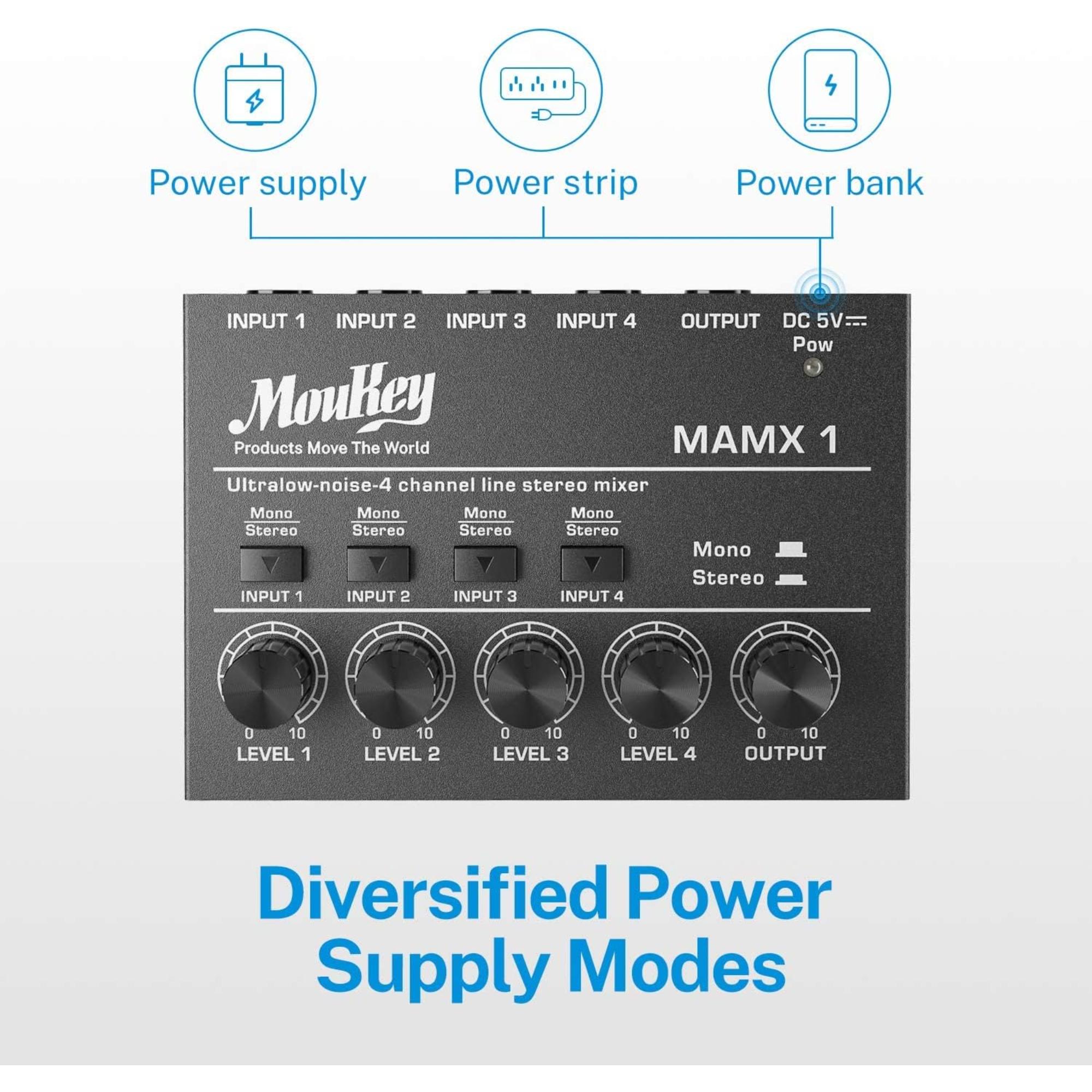 Moukey Mini Audio Mixer Line Mixer DC 5V 4-Stereo Ultra Low-Noise 4-Channel for Sub-Mixing for Small Clubs or Bars As Guitars Bass Keyboards Mixer 2021 New Version-MAMX1