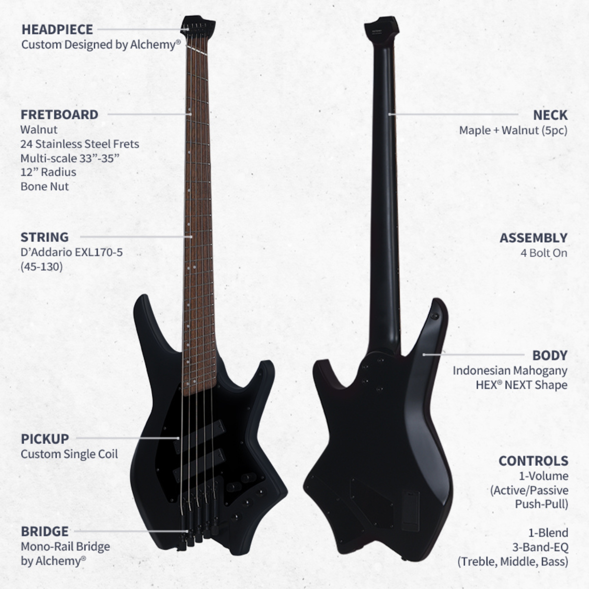 Hex NB505S BK Headless bass 5 string SS frets