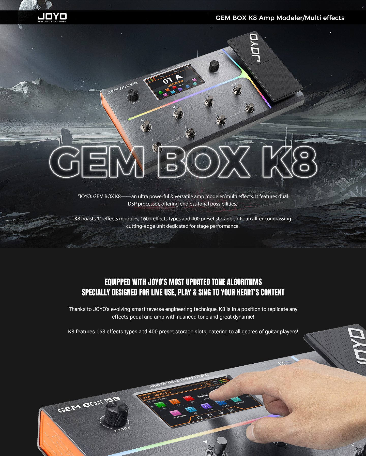 JOYO GEM BOX K8 Guitar Multi-Effects Processor Pedal with 5 Touchscreen 160 Effects 400 Presets Amp Modeling IR Loader Drum Machine USB Audio Interface All-in-One Pedalboard for StudioLive
