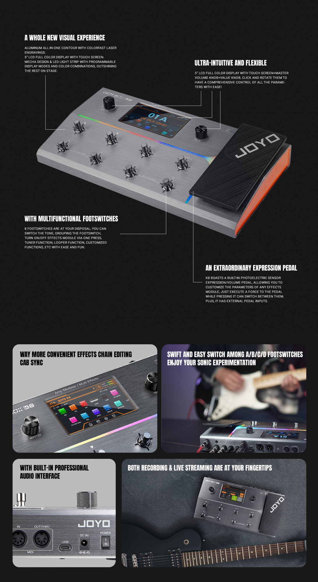 JOYO GEM BOX K8 Guitar Multi-Effects Processor Pedal with 5 Touchscreen 160 Effects 400 Presets Amp Modeling IR Loader Drum Machine USB Audio Interface All-in-One Pedalboard for StudioLive