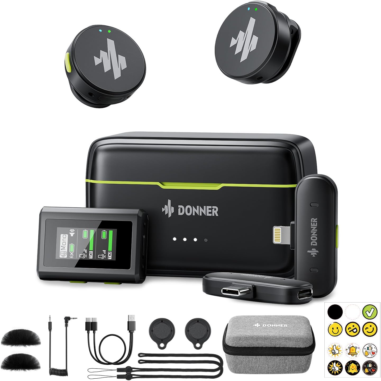 Donner VPM-20 Wireless Lavalier Microphone for DSLR USB-CLightning iPhone iPad Android Camera with Charging Box Dual-Channels Mics Plug-Play 1000ft Range 48KHz 24Bit Noise Cancellation 40h Use Max
