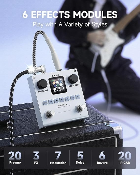 Donner Pocket-X Multi Effects Guitar Pedal GuitarBass AMP Modeler Multi Effects Processor Portable Rechargeable Guitar Pedal with 6 Effects Modules 80 Presets 20 IRs for Electric Guitar