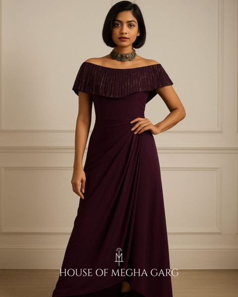 Off-Shoulder Plum Draped Dress