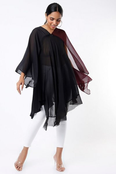 Black & Wine Sheer Asymmetrical Cape Top