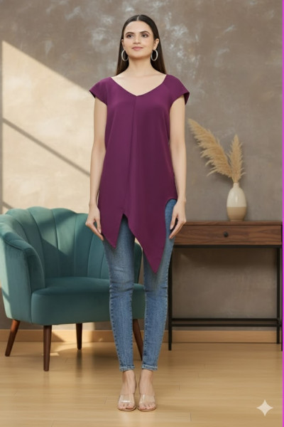 Elegant Plum Asymmetric Hem V-Neck Top