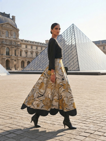 Yellow Jacquard Skirt with Black Cherry Top