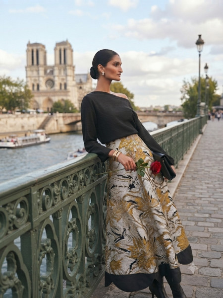 Yellow Jacquard Skirt with Black Cherry Top