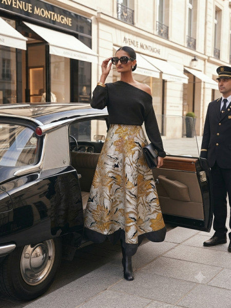 Yellow Jacquard Skirt with Black Cherry Top