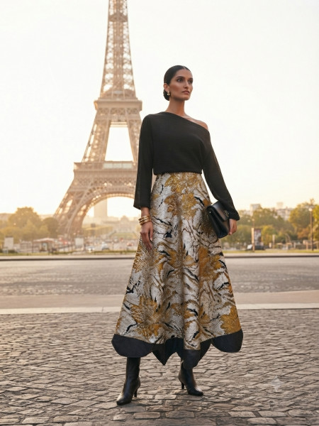 Yellow Jacquard Skirt with Black Cherry Top