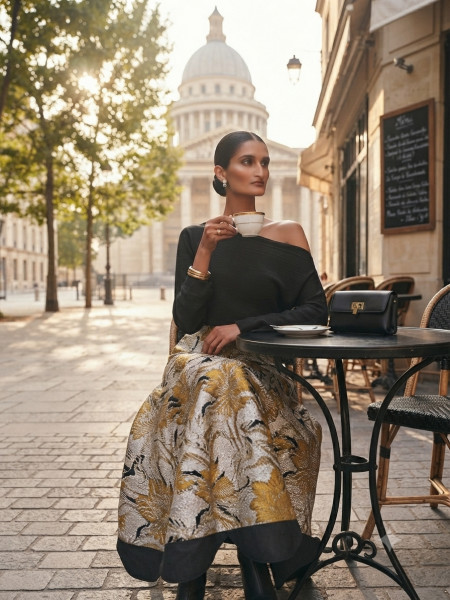 Yellow Jacquard Skirt with Black Cherry Top