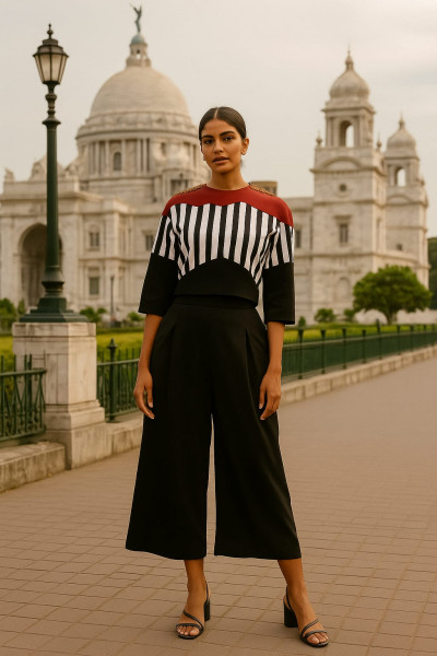 Monochrome Striped Top with Wide-Leg Black Pant