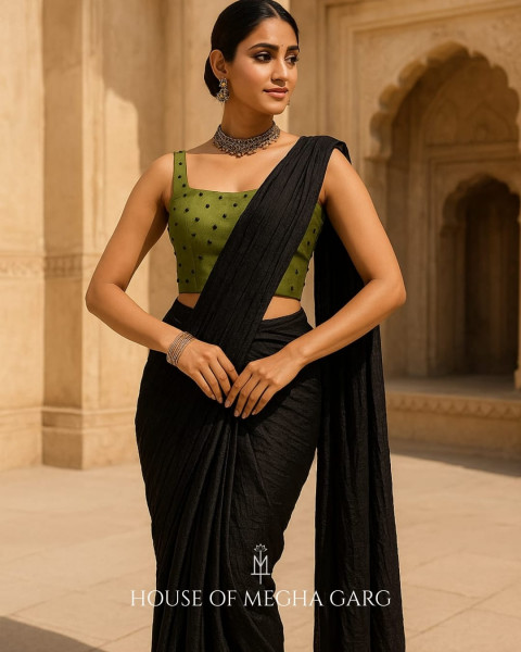 Green Bustier with Black Draped Saree