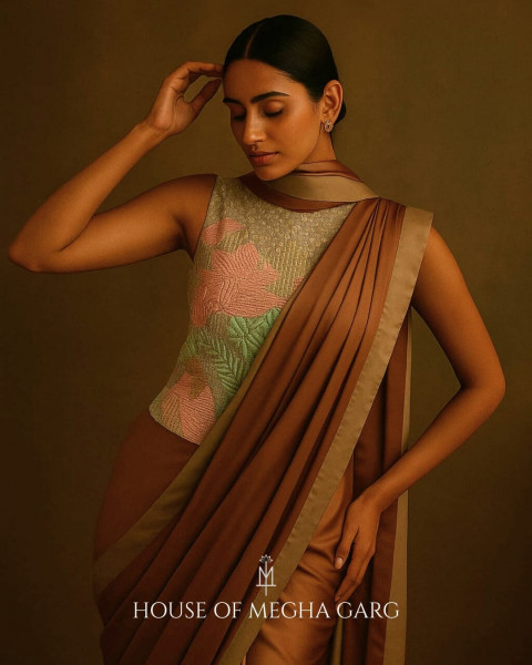 Hand-Embroidered Floral Bustier with Satin Saree