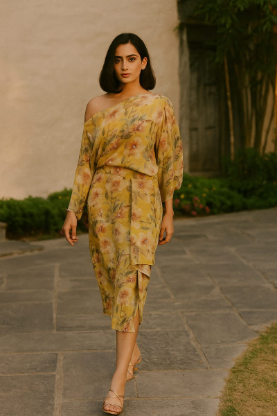 Yellow Floral One-Shoulder Top-Skirt Set