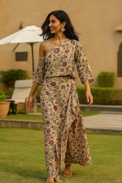 Floral Print Asymmetric Top-Skirt Set