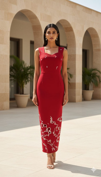 Crimson Red Embroidered Maxi Dress
