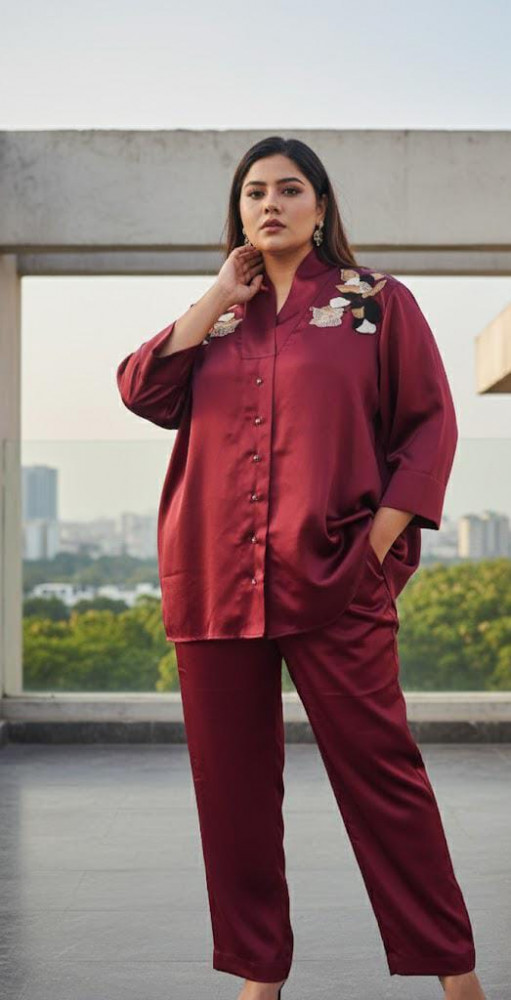 Image of Maroon Embroidered Satin Co-ord Set