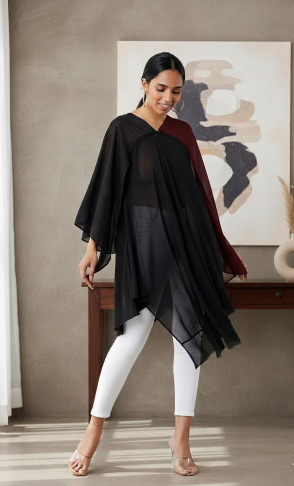 Image of Black &amp; Wine Sheer Asymmetrical Cape Top